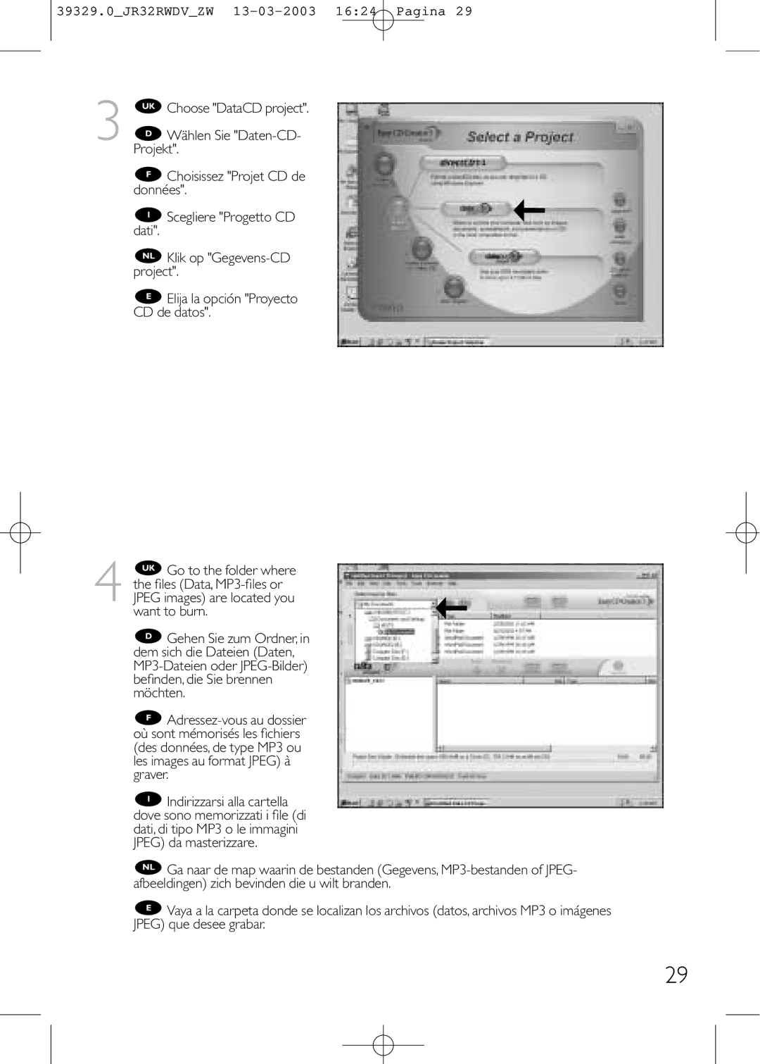 Philips JR32RWDV manual Projekt Choisissez Projet CD de données, Dati 