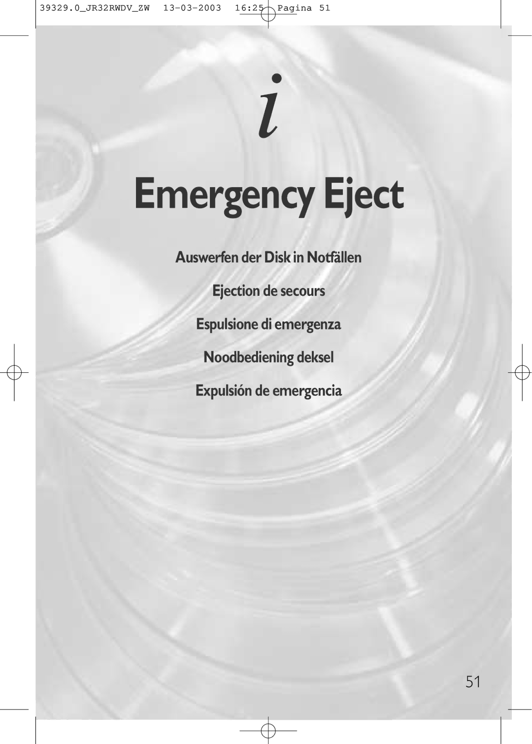 Philips JR32RWDV manual Emergency Eject 