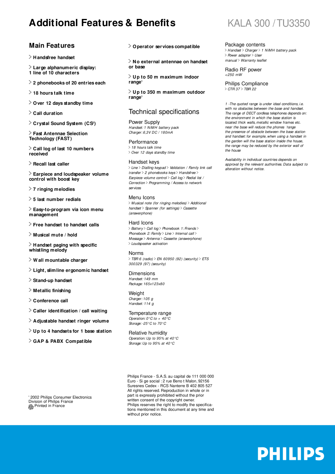 Philips Kala 300 manual Power Supply, Performance, Handset keys, Menu Icons, Hard Icons, Norms, Dimensions, Weight 