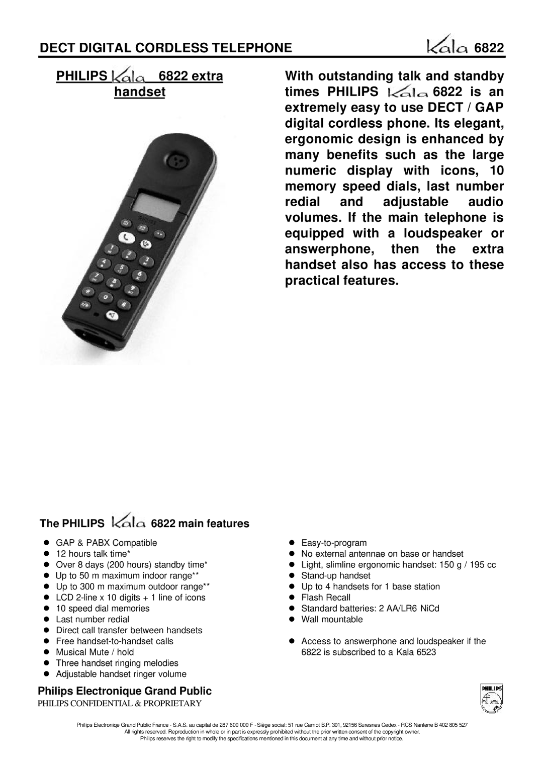 Philips kala 6822 specifications Philips 6822 main features, Philips Electronique Grand Public 