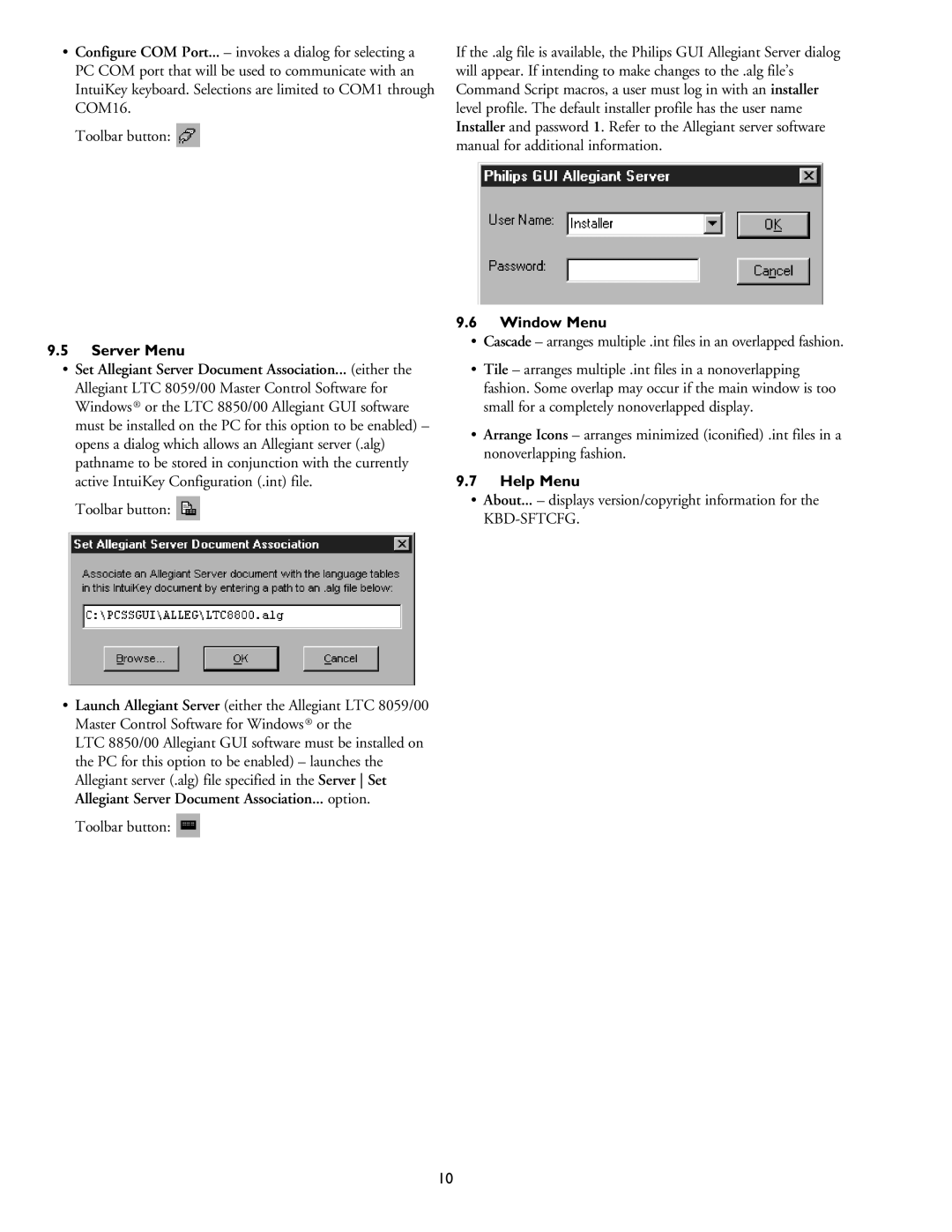 Philips KBD-SFTCFG installation instructions Server Menu, Window Menu, Help Menu 