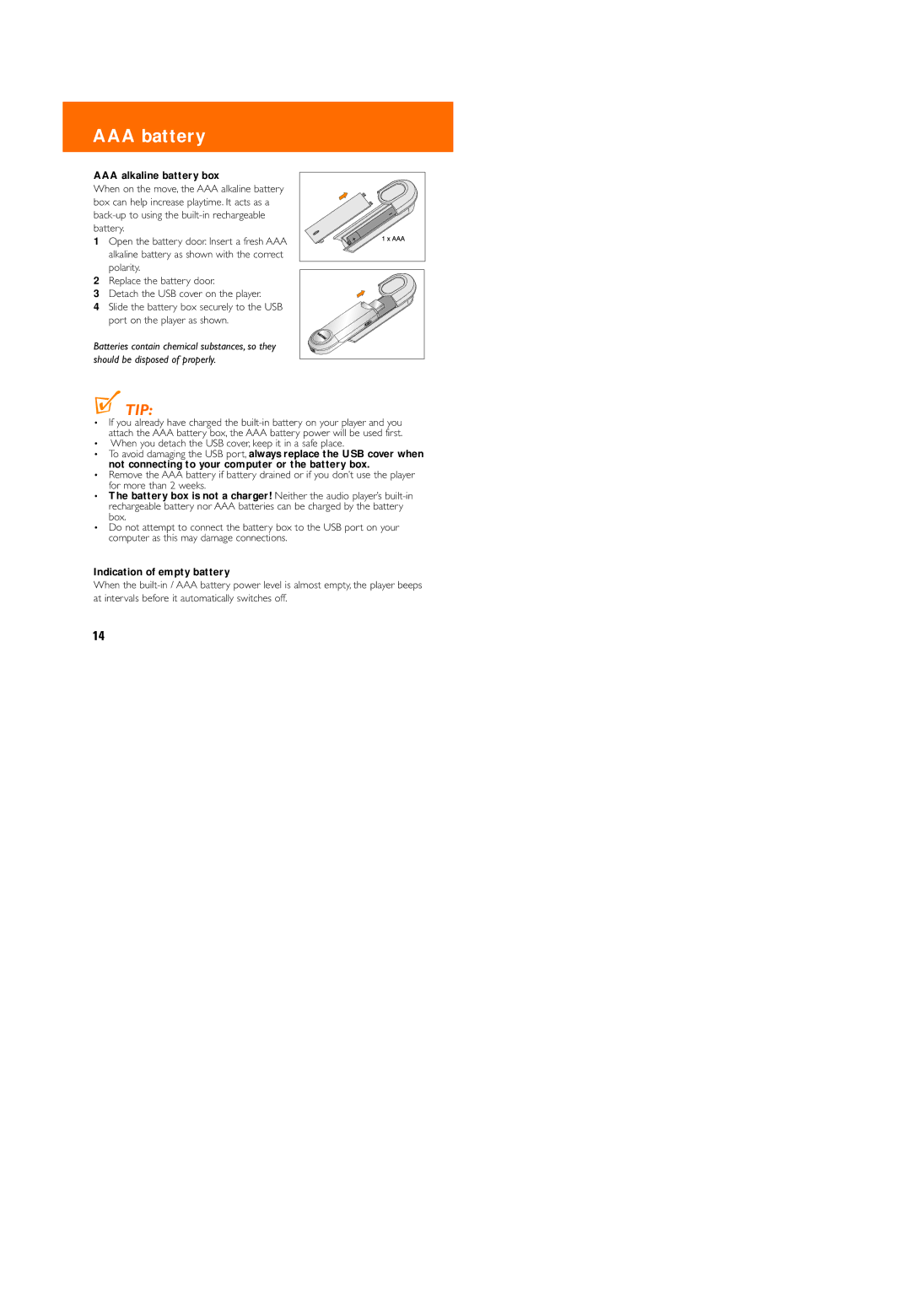 Philips 005, KEY 003, 006, 004 user manual AAA battery, AAA alkaline battery box, Indication of empty battery 