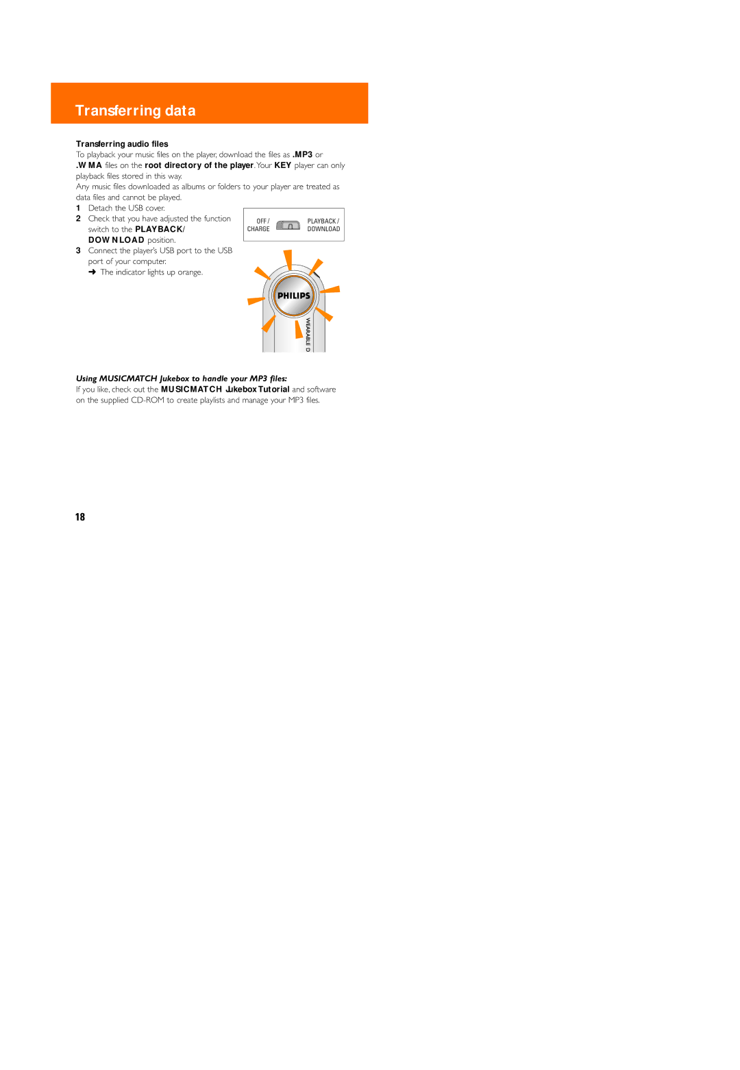 Philips 005, KEY 003, 006, 004 user manual Transferring audio files, Using Musicmatch Jukebox to handle your MP3 files 