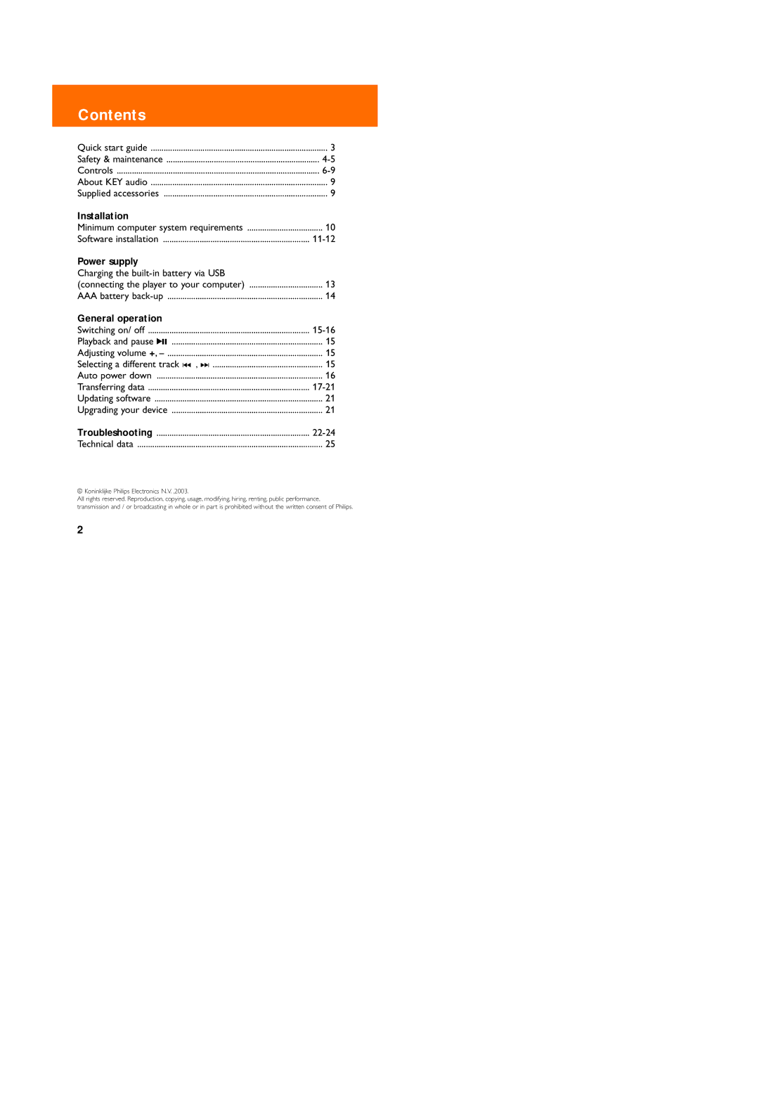 Philips 005, KEY 003, 006, 004 user manual Contents 