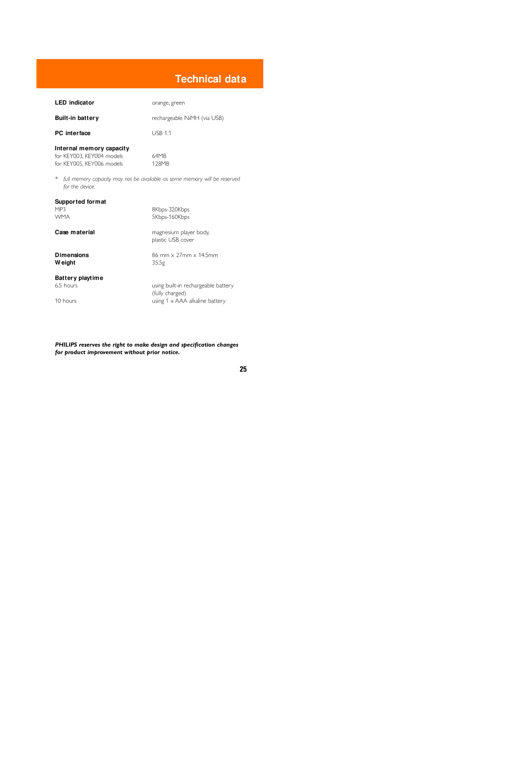 Philips 006, KEY 003, 005, 004 user manual Technical data 