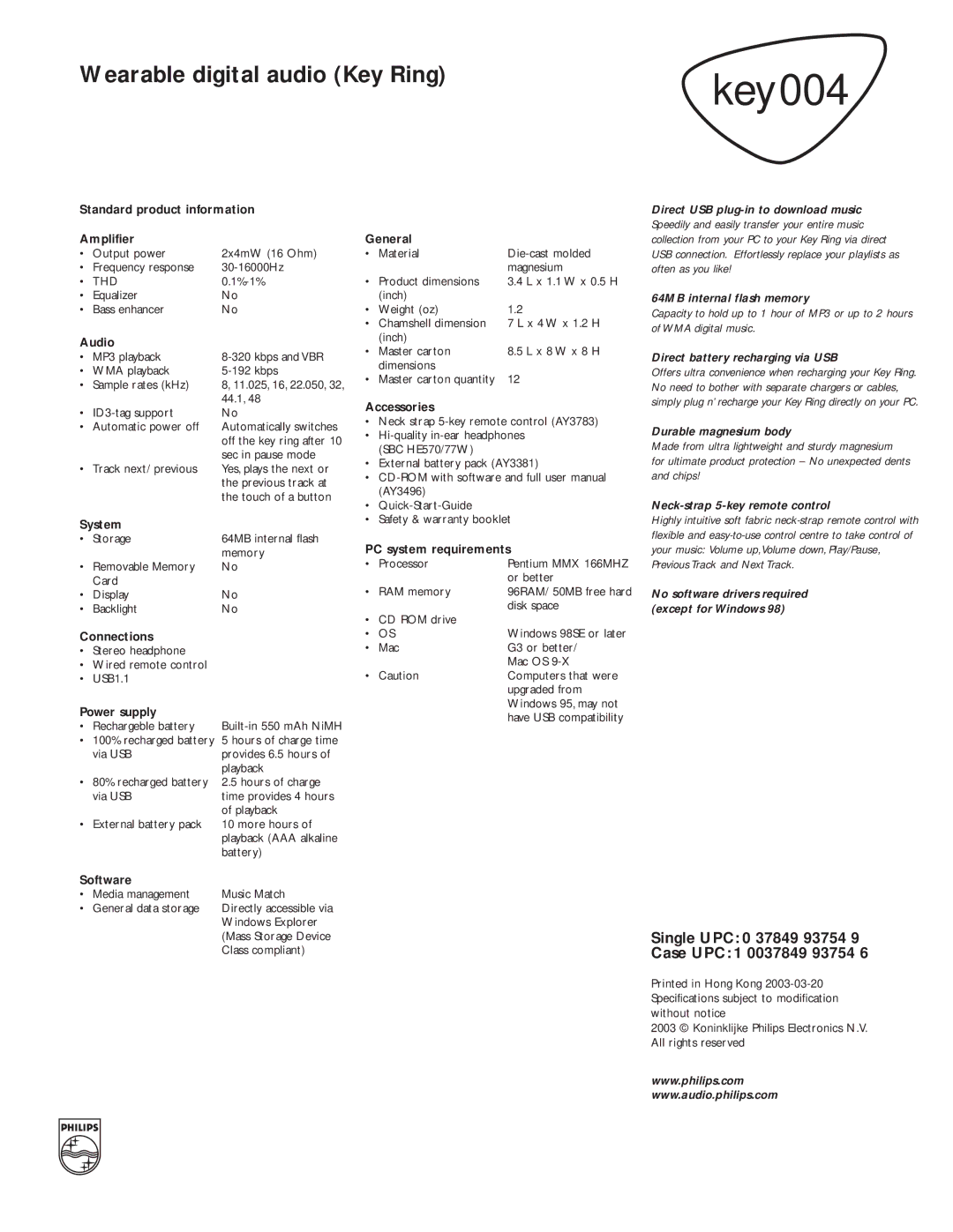 Philips KEY004 manual Direct battery recharging via USB, Durable magnesium body, Neck-strap 5-key remote control 