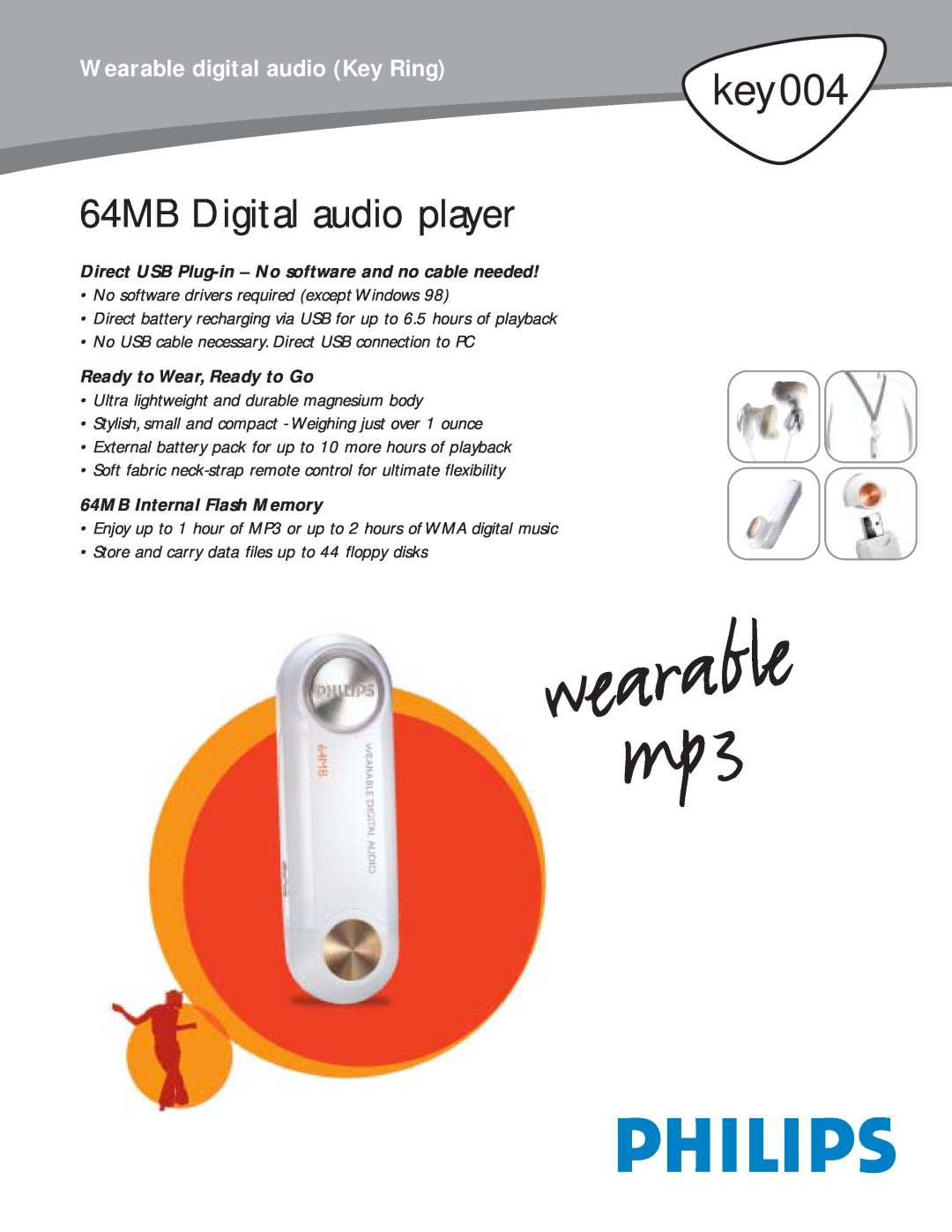 Philips KEY004 manual 64MB Digital audio player, HDD100key004, Wearable digital audio Key Ring, Ready to Wear, Ready to Go 