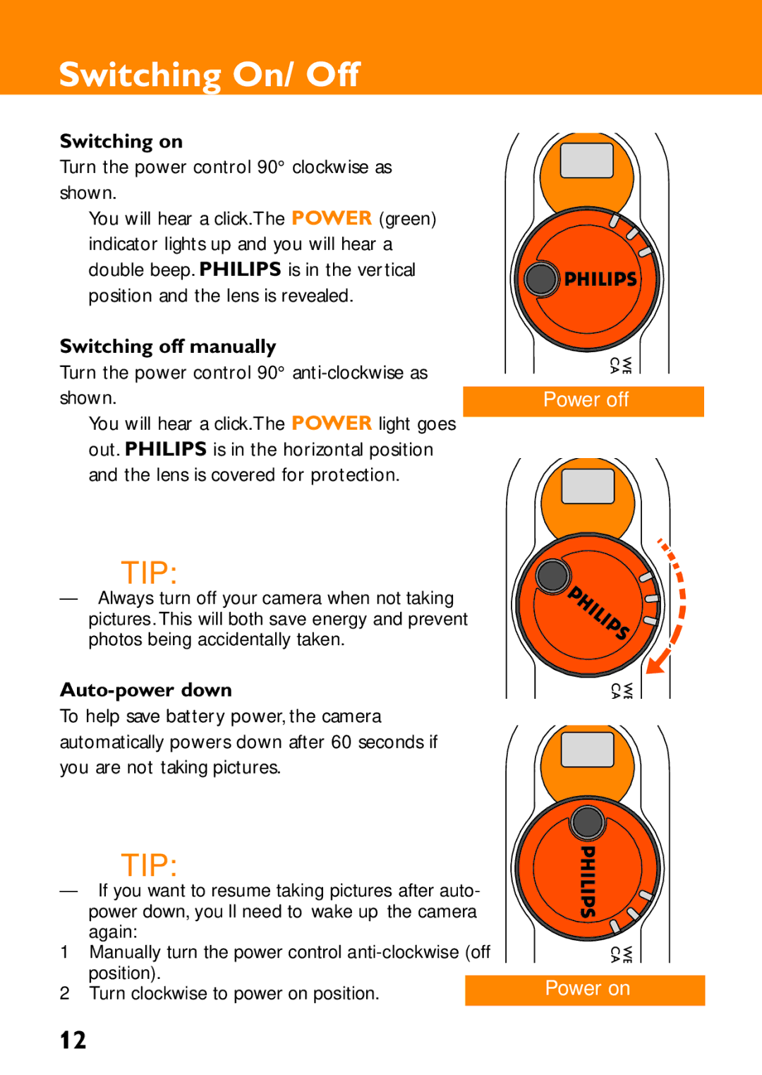 Philips KEY0079, KEY008, KEY0078 user manual Switching On/ Off, Switching on, Switching off manually, Auto-power down 