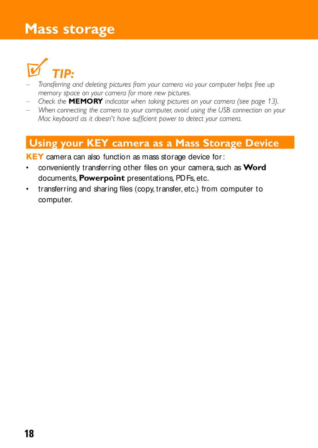 Philips KEY0078, KEY0079, KEY008 user manual Mass storage, Using your KEY camera as a Mass Storage Device 