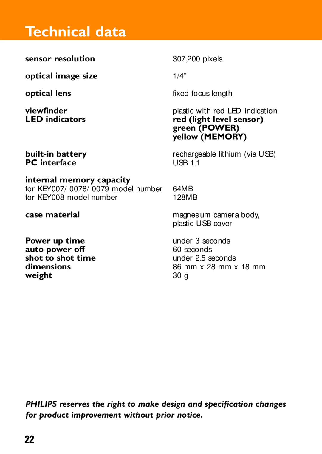 Philips KEY0078, KEY0079, KEY008 user manual Technical data, PC interface USB Internal memory capacity, 64MB 