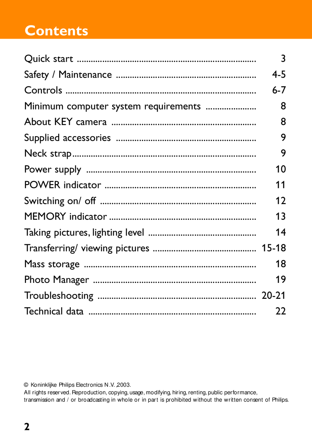 Philips KEY0078 Contents, Quick start, Safety / Maintenance, Minimum computer system requirements, About KEY camera 