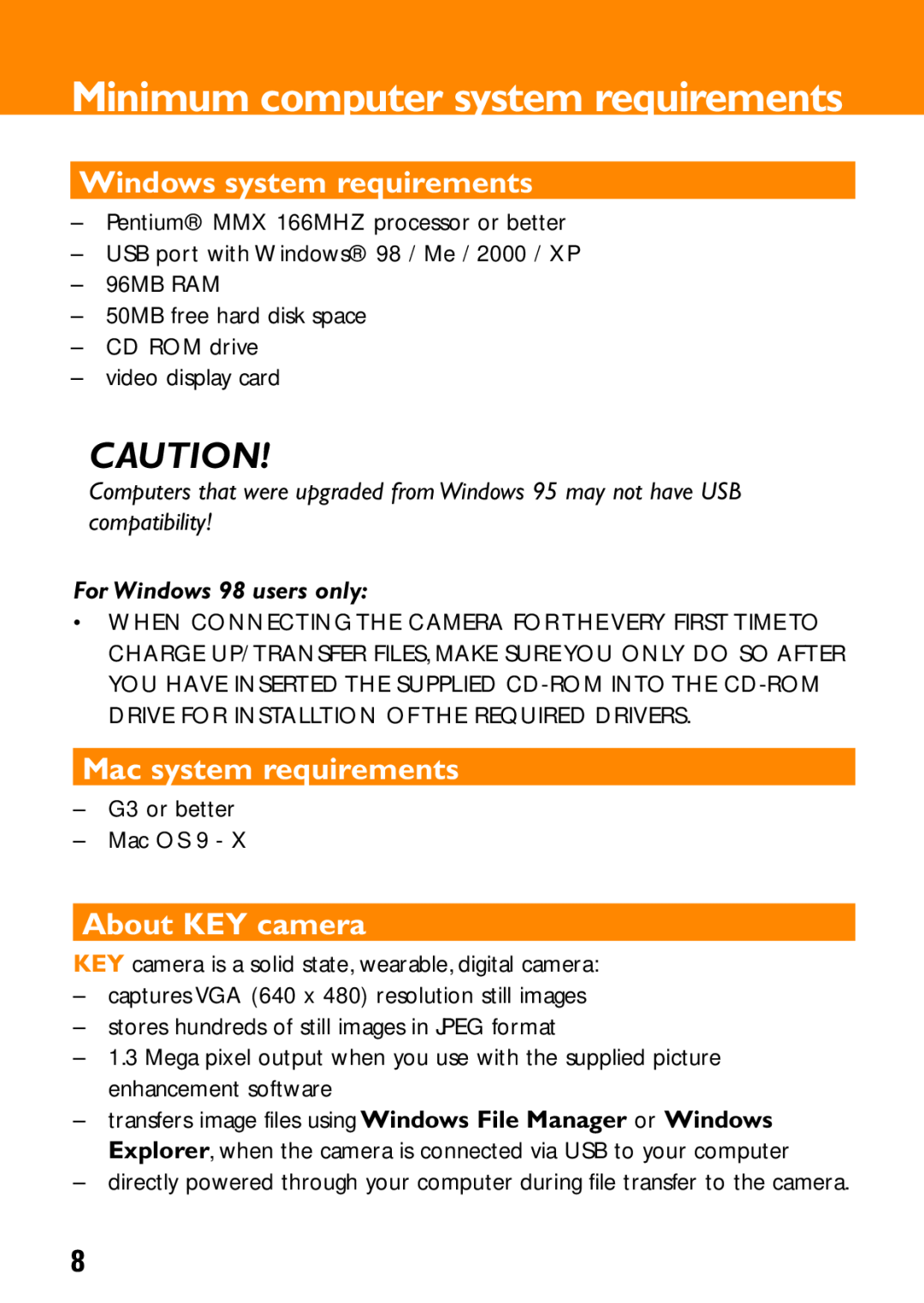 Philips KEY0079, KEY008 Windows system requirements, Mac system requirements, About KEY camera, For Windows 98 users only 
