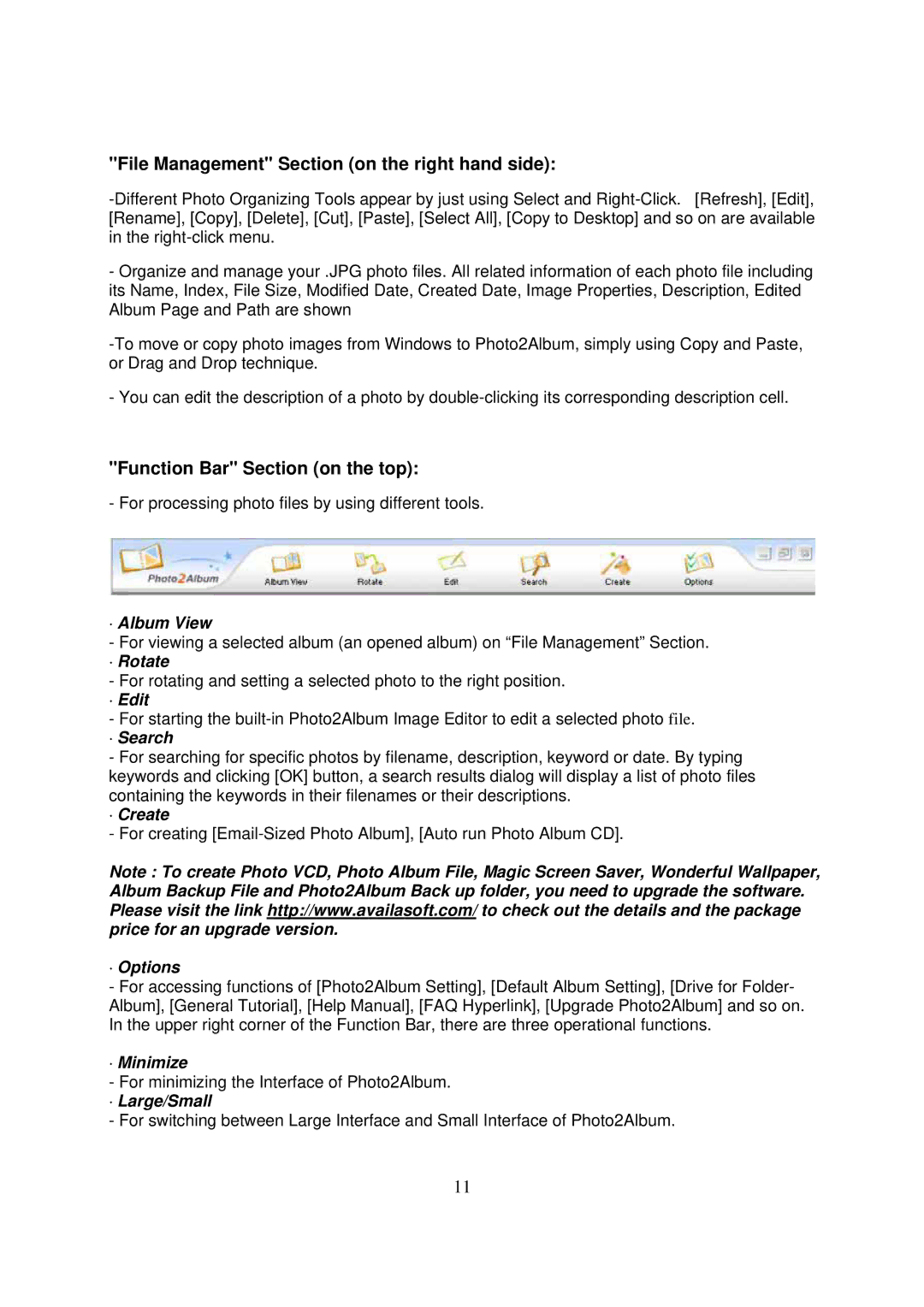 Philips Keychain Digital Camera manual File Management Section on the right hand side, Function Bar Section on the top 