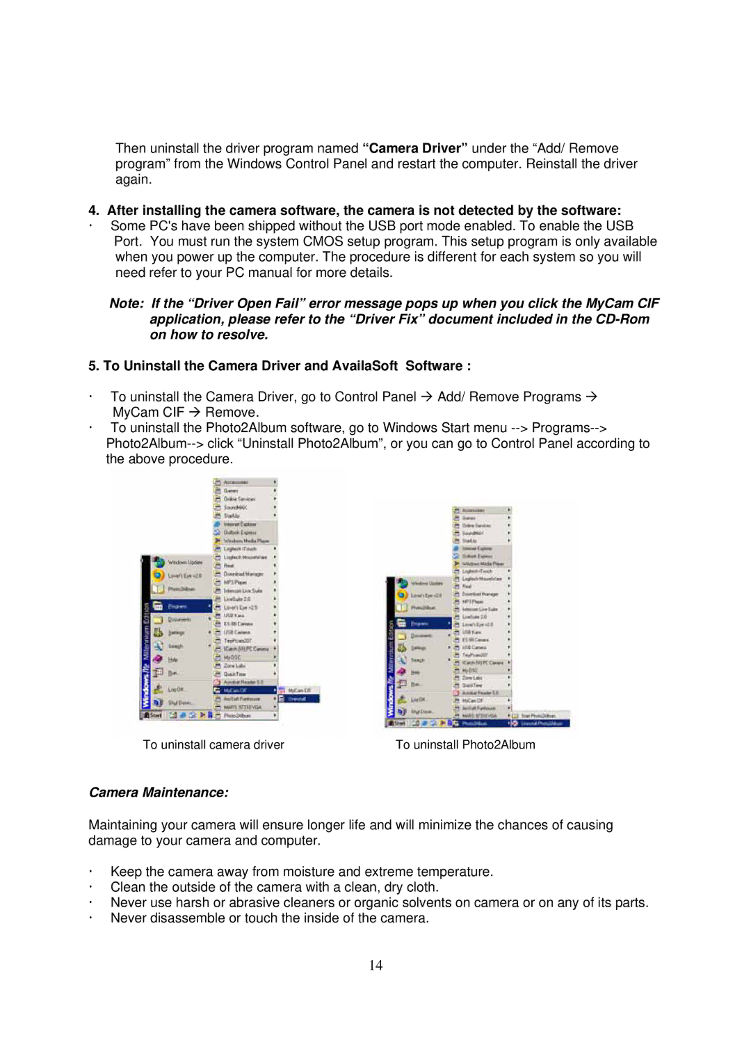 Philips Keychain Digital Camera manual To Uninstall the Camera Driver and AvailaSoft Software, Camera Maintenance 