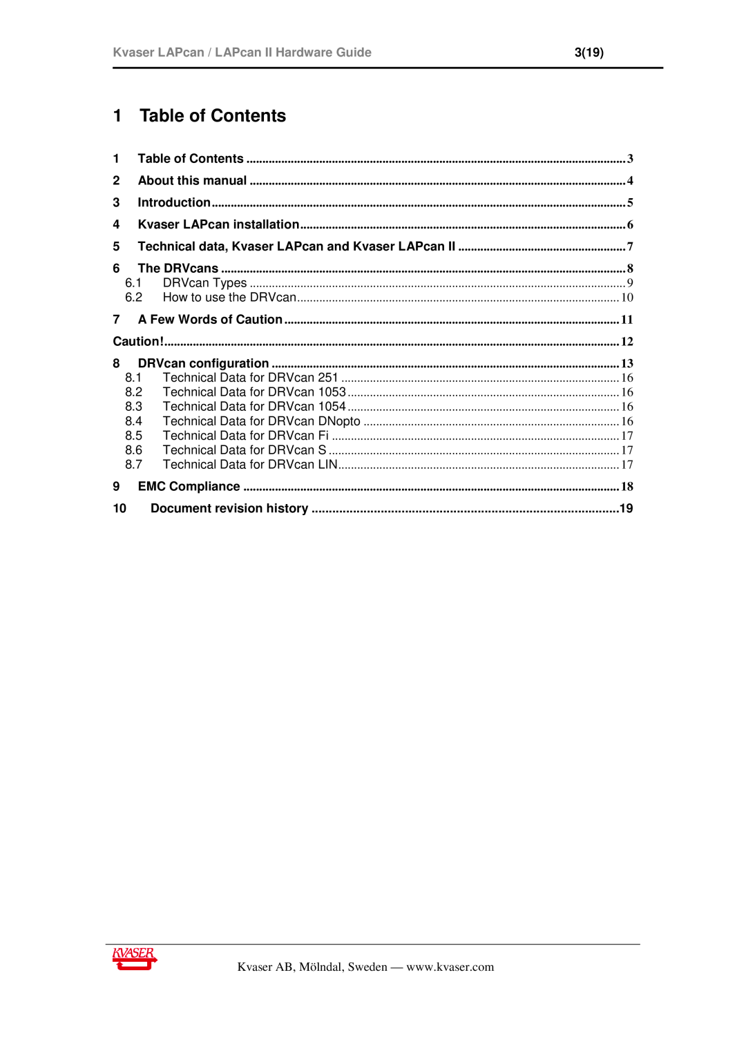 Philips Kvaser LAPcan II manual Table of Contents, Kvaser LAPcan / LAPcan II Hardware Guide 