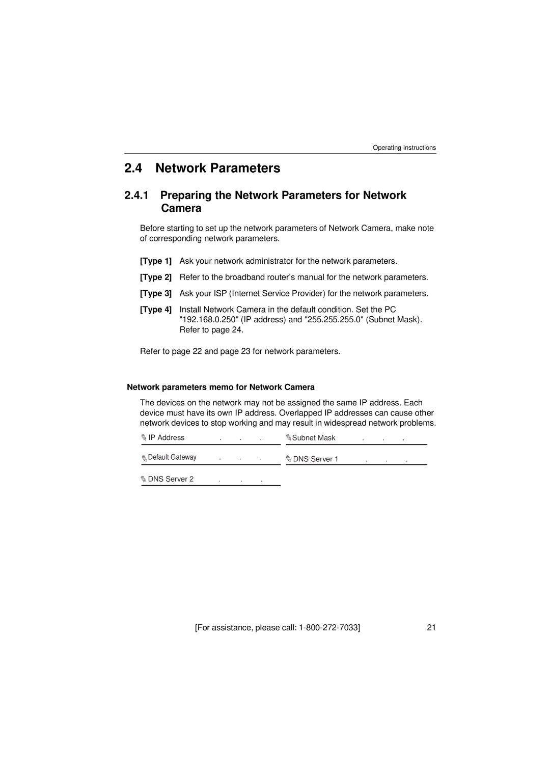 Philips KX-HCM8 Preparing the Network Parameters for Network Camera, Network parameters memo for Network Camera 