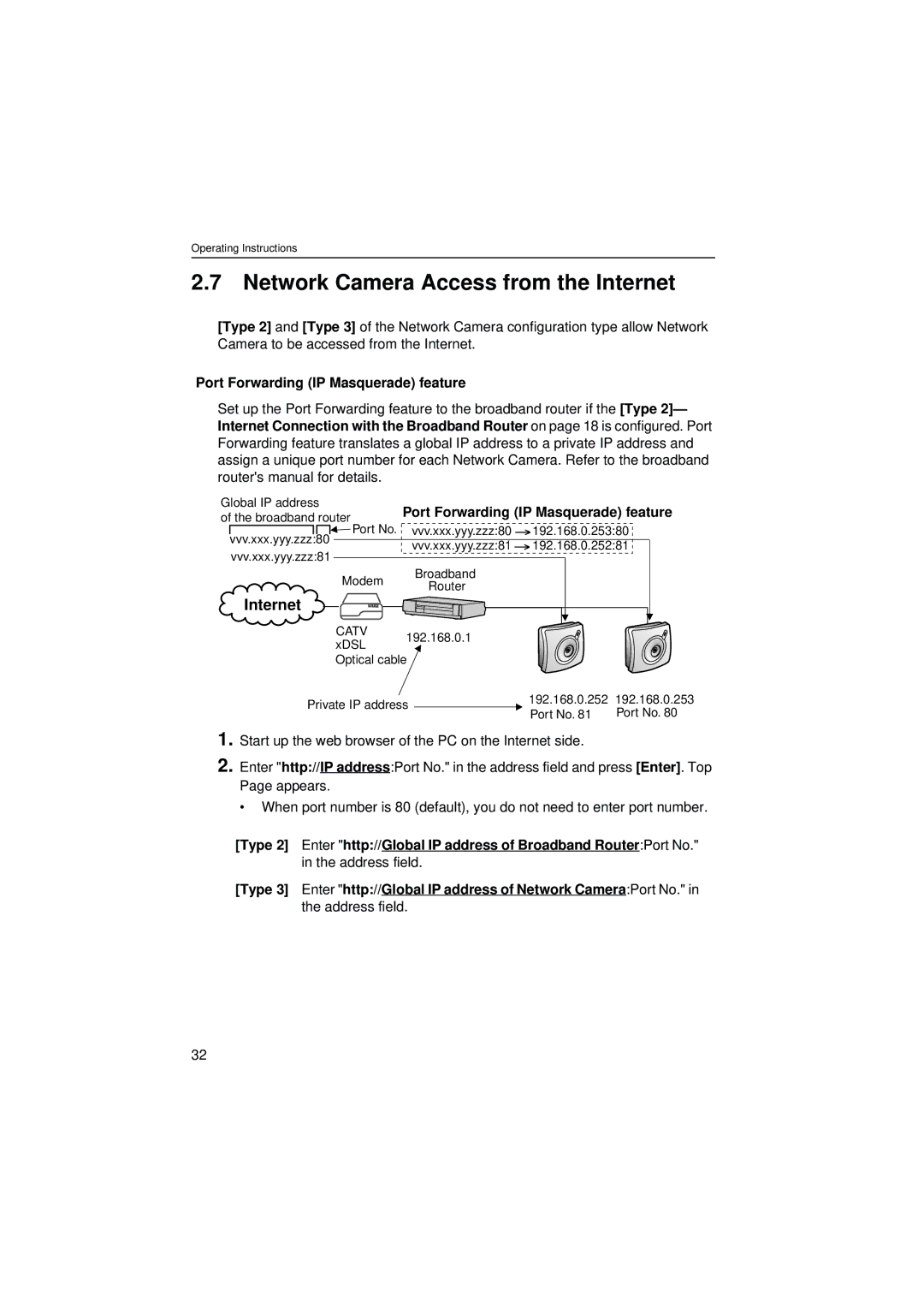 Philips KX-HCM8 operating instructions Network Camera Access from the Internet, Port Forwarding IP Masquerade feature 