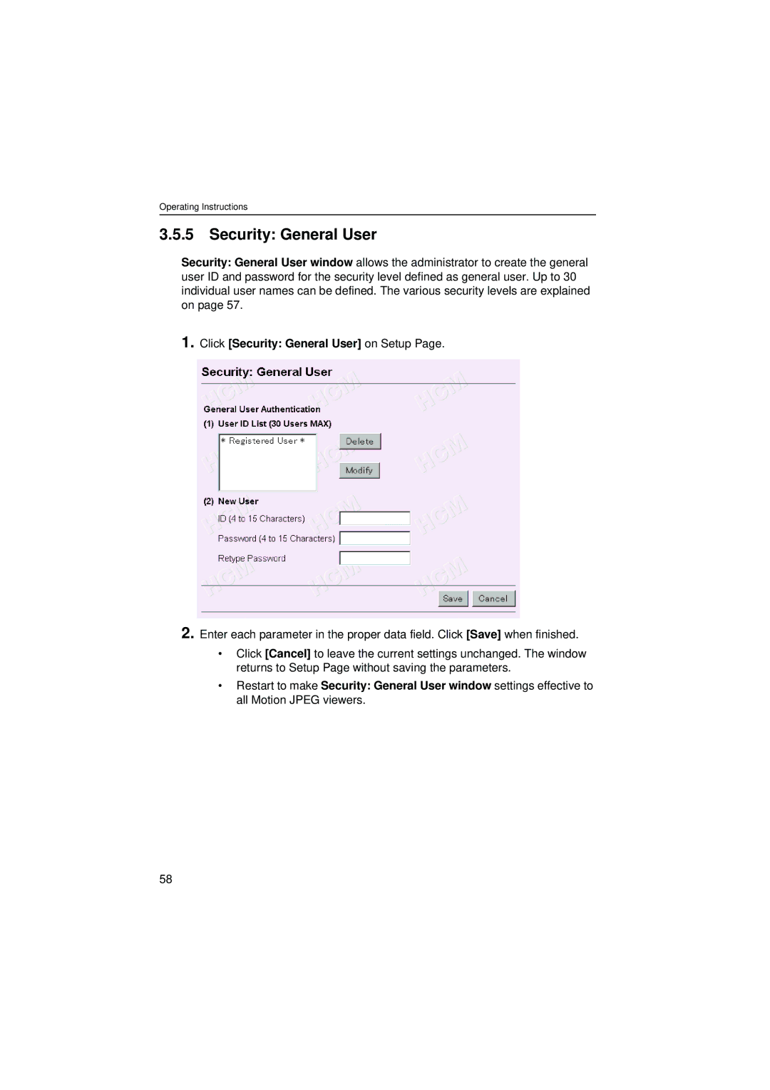 Philips KX-HCM8 operating instructions Click Security General User on Setup 