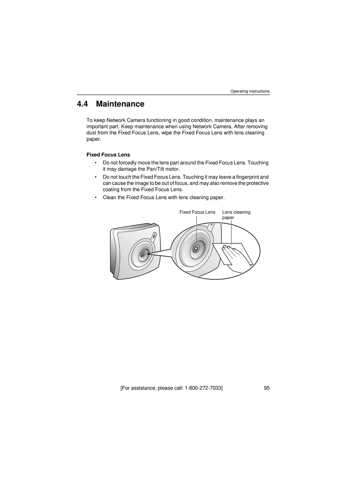 Philips KX-HCM8 operating instructions Maintenance, Fixed Focus Lens 