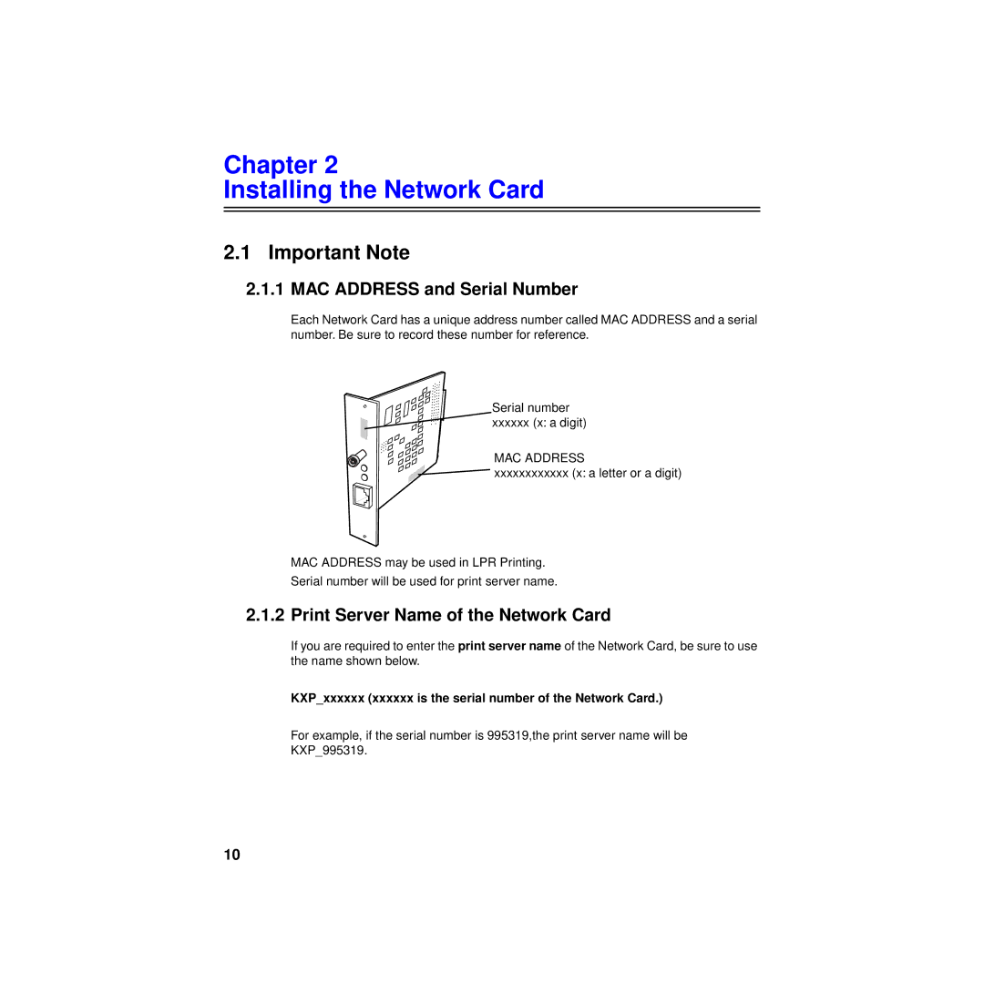 Philips KX-PNBC8 manual Important Note, MAC Address and Serial Number, Print Server Name of the Network Card 