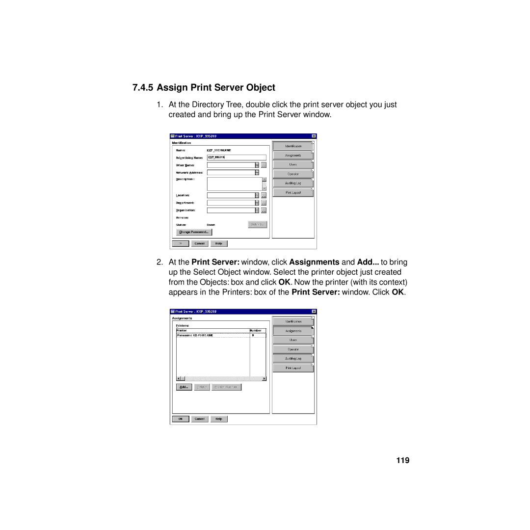 Philips KX-PNBC8 manual Assign Print Server Object, 119 