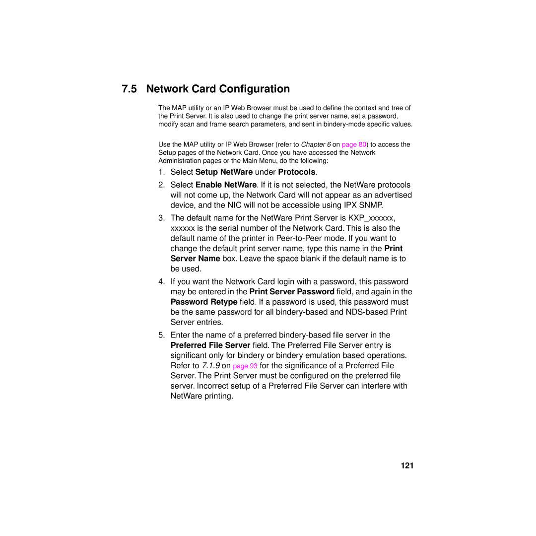 Philips KX-PNBC8 manual Network Card Conﬁguration, Select Setup NetWare under Protocols, 121 