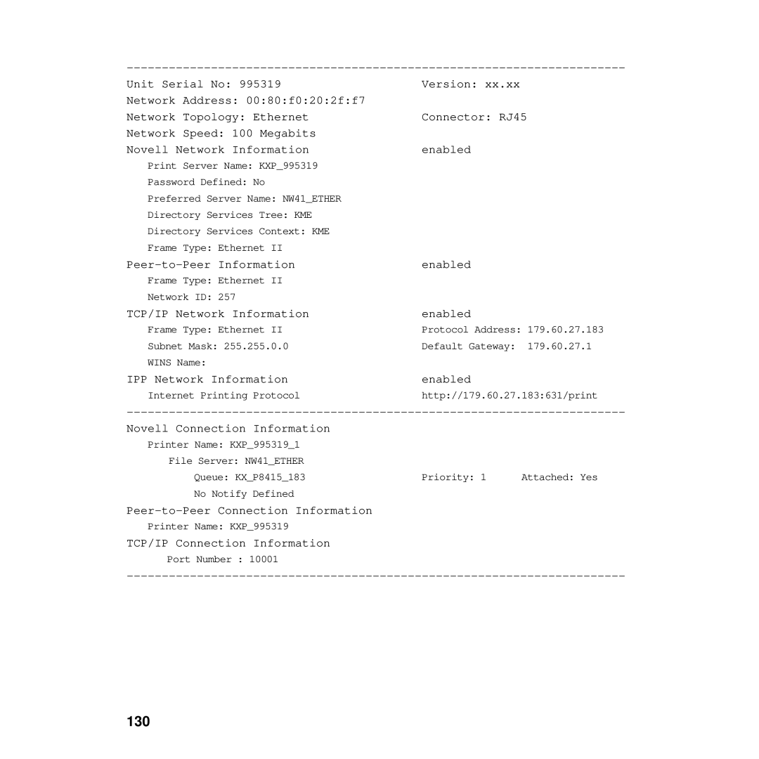 Philips KX-PNBC8 manual 130, Novell Connection Information 