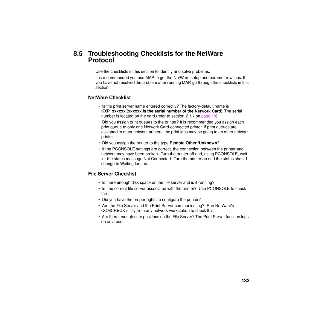 Philips KX-PNBC8 manual Troubleshooting Checklists for the NetWare Protocol, NetWare Checklist, File Server Checklist, 133 