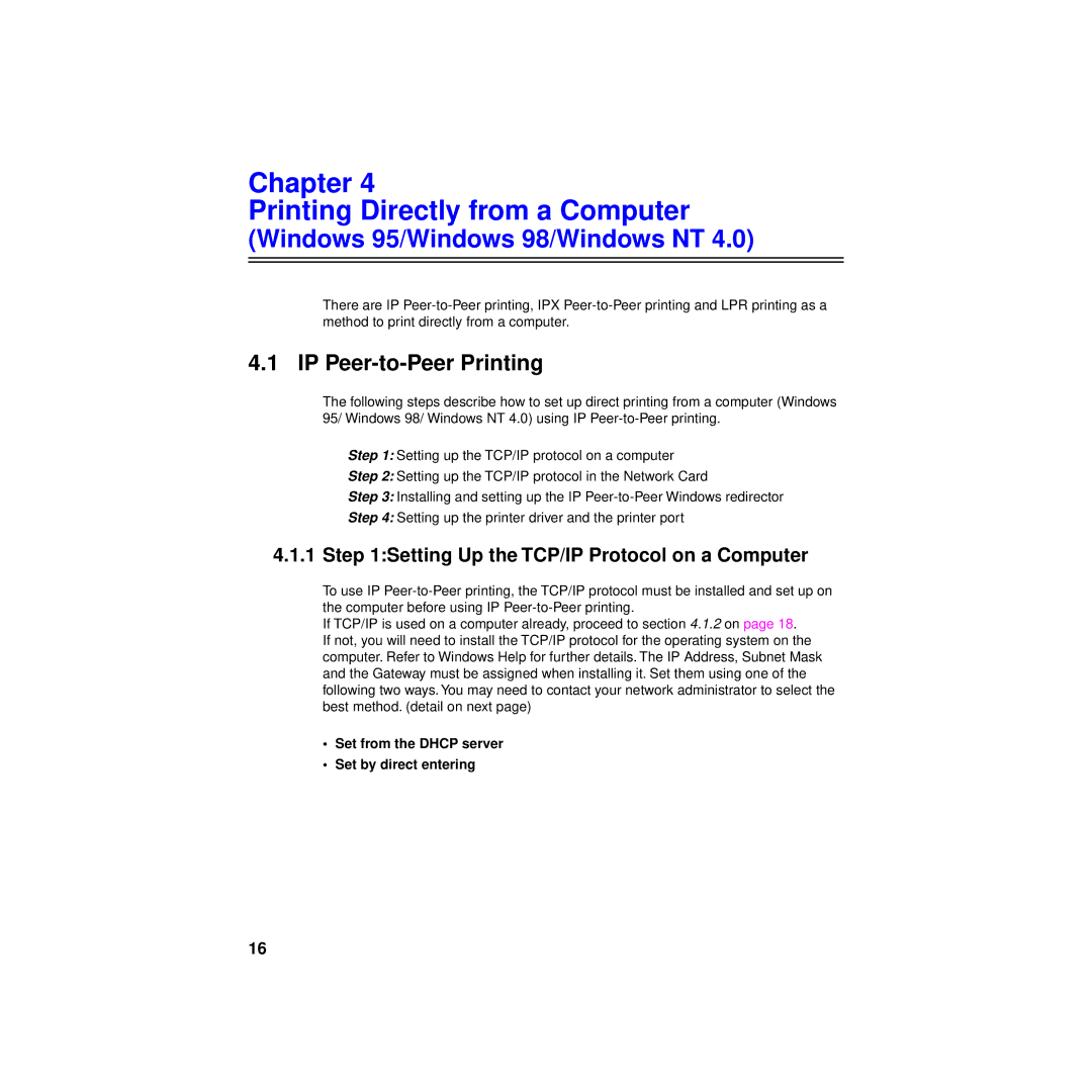 Philips KX-PNBC8 manual IP Peer-to-Peer Printing, Setting Up the TCP/IP Protocol on a Computer 