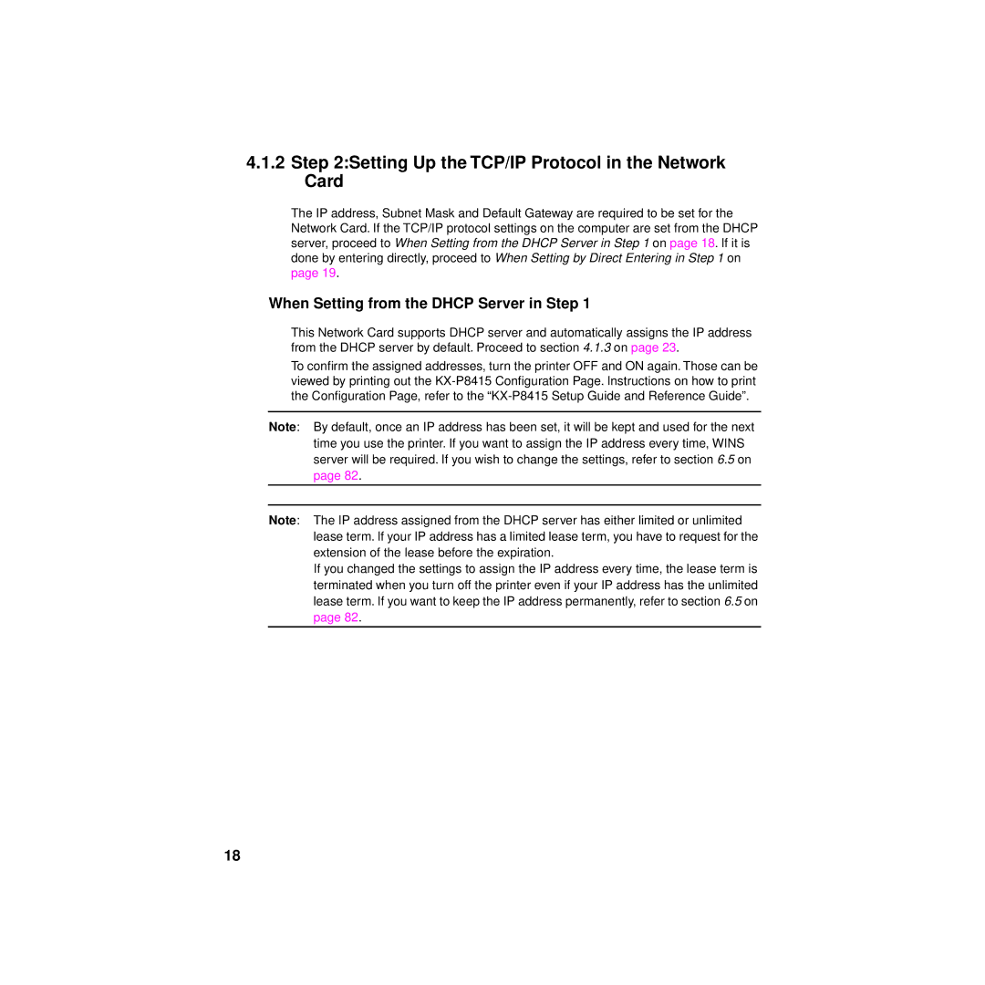 Philips KX-PNBC8 manual Setting Up the TCP/IP Protocol in the Network Card, When Setting from the Dhcp Server in Step 