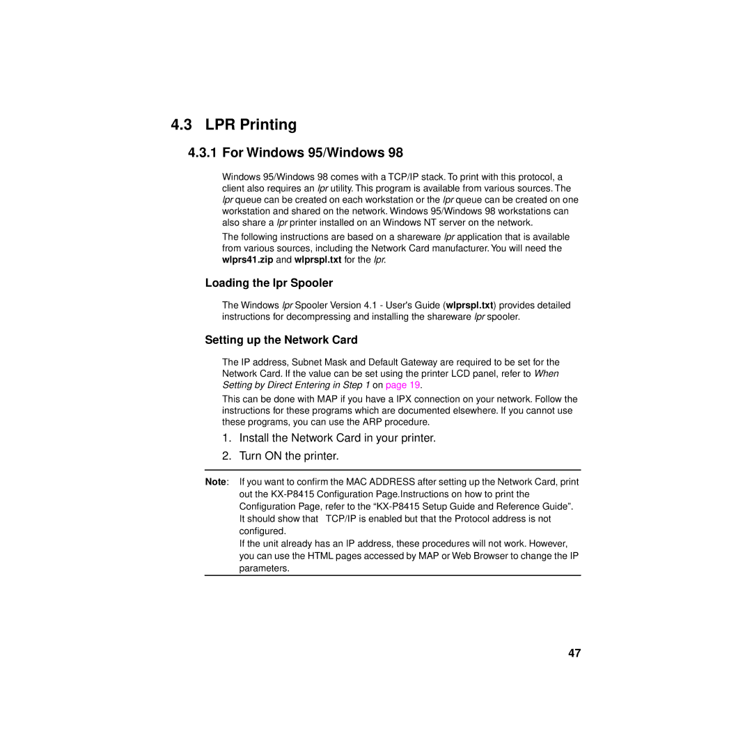 Philips KX-PNBC8 manual LPR Printing, For Windows 95/Windows, Loading the lpr Spooler, Setting up the Network Card 