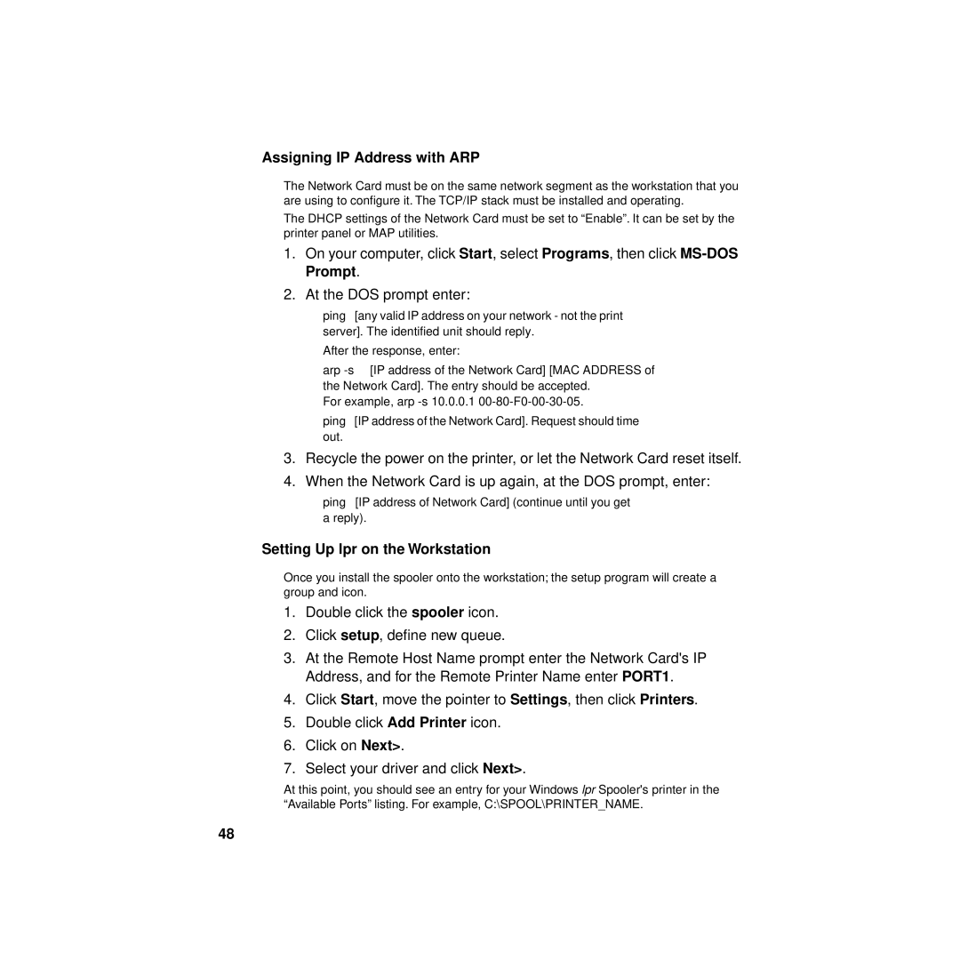 Philips KX-PNBC8 manual Assigning IP Address with ARP, Setting Up lpr on the Workstation 