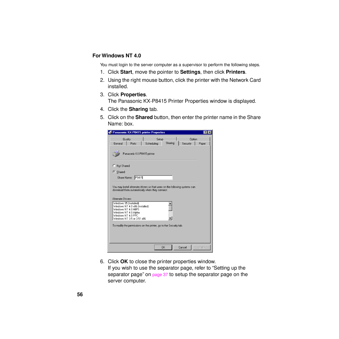 Philips KX-PNBC8 manual For Windows NT, Click Properties 