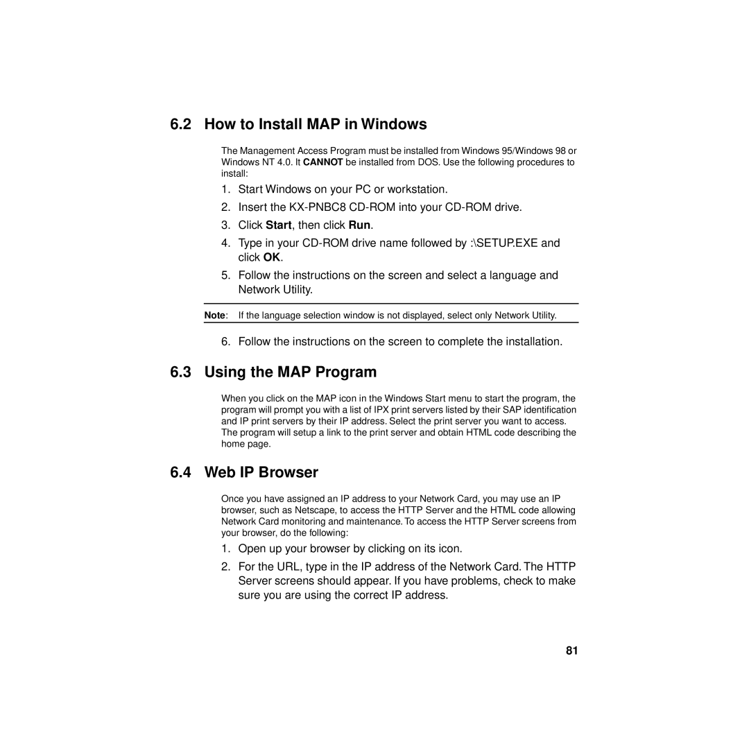 Philips KX-PNBC8 manual How to Install MAP in Windows, Using the MAP Program, Web IP Browser 