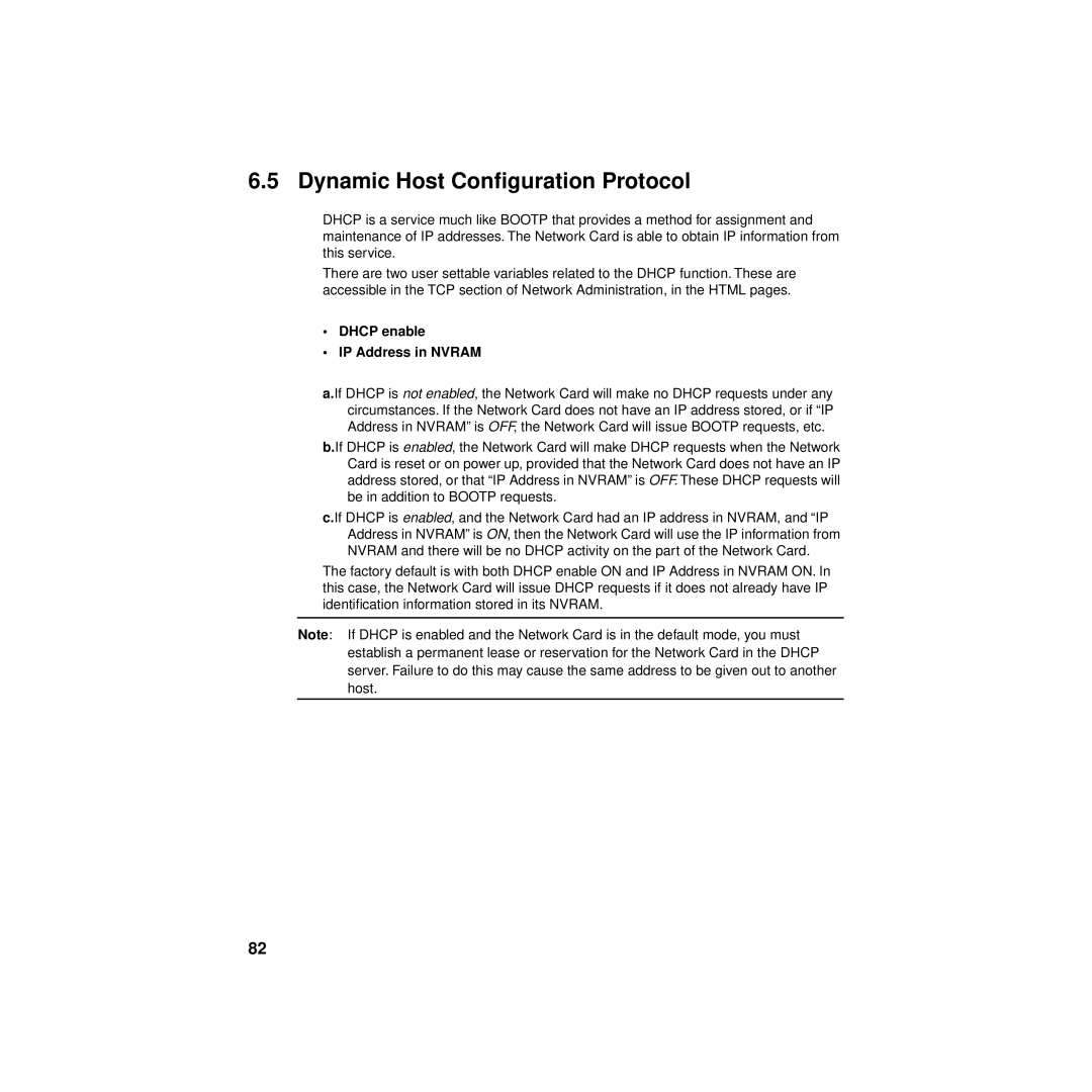 Philips KX-PNBC8 manual Dynamic Host Conﬁguration Protocol, Dhcp enable IP Address in Nvram 