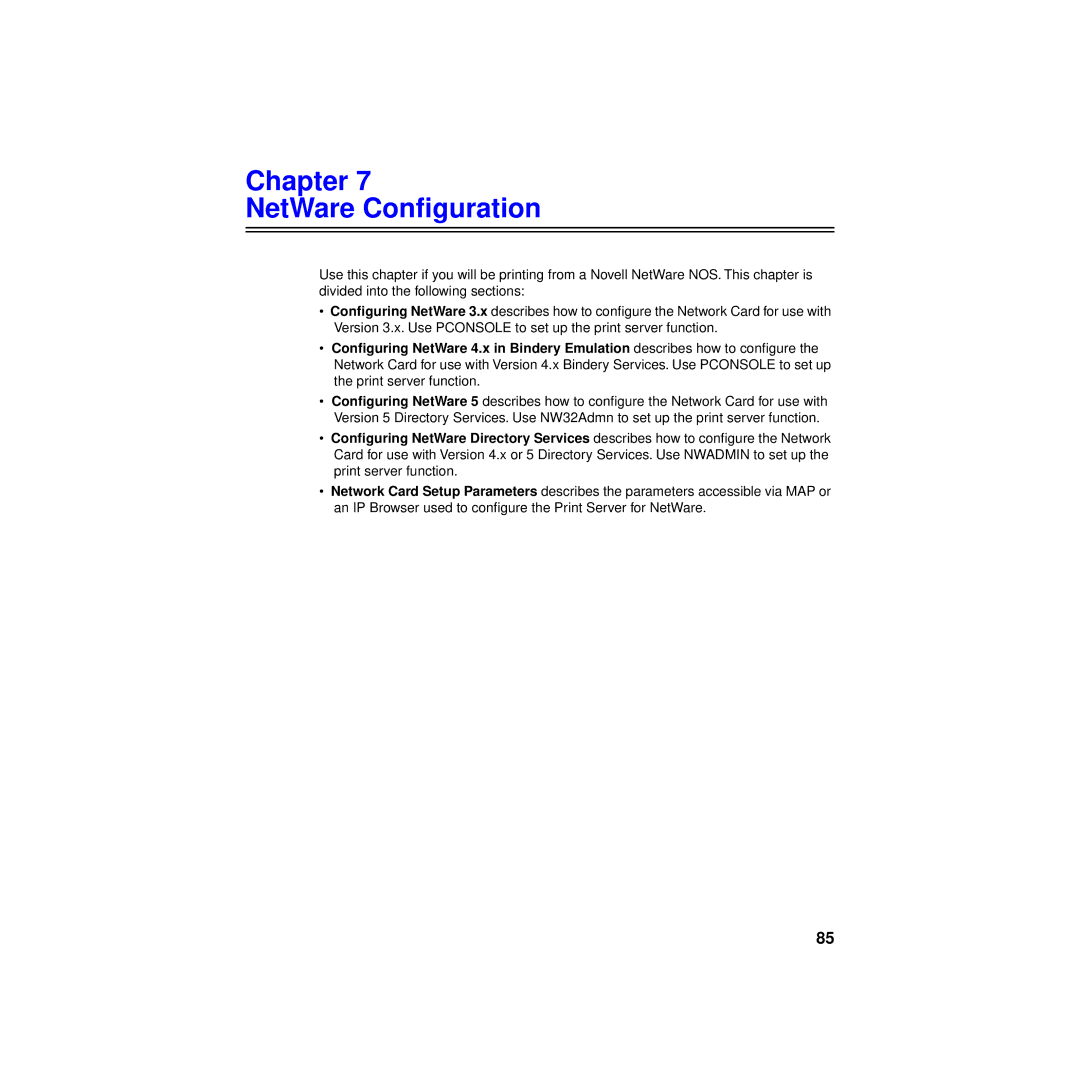 Philips KX-PNBC8 manual Chapter NetWare Conﬁguration 