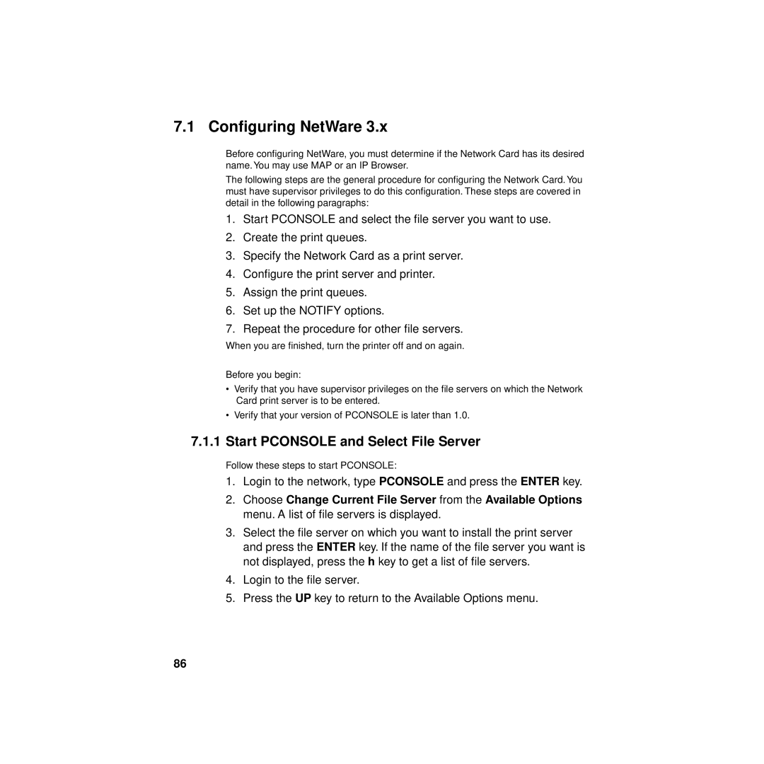 Philips KX-PNBC8 manual Conﬁguring NetWare, Start Pconsole and Select File Server 