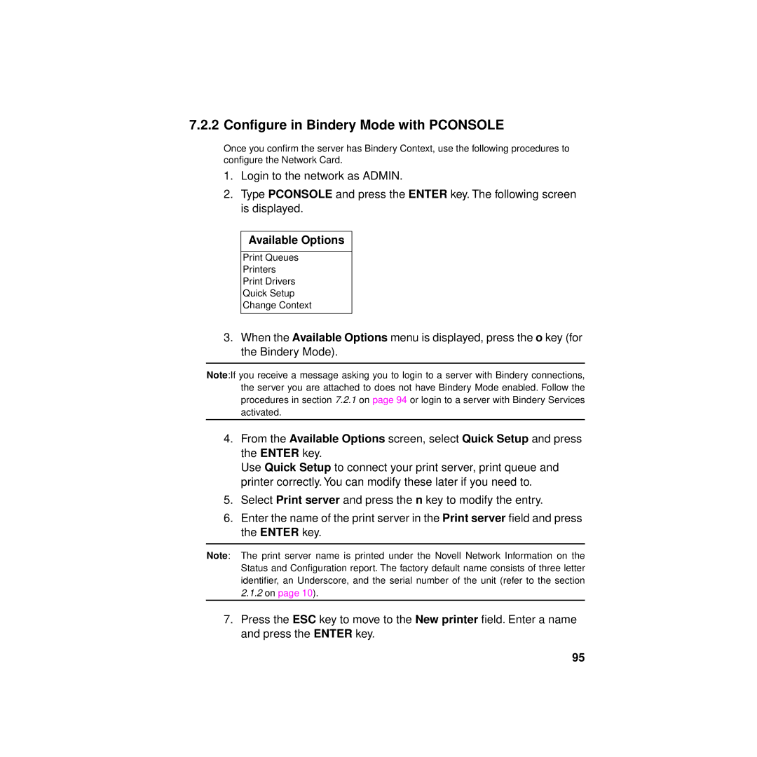 Philips KX-PNBC8 manual 2 Conﬁgure in Bindery Mode with Pconsole, Available Options 