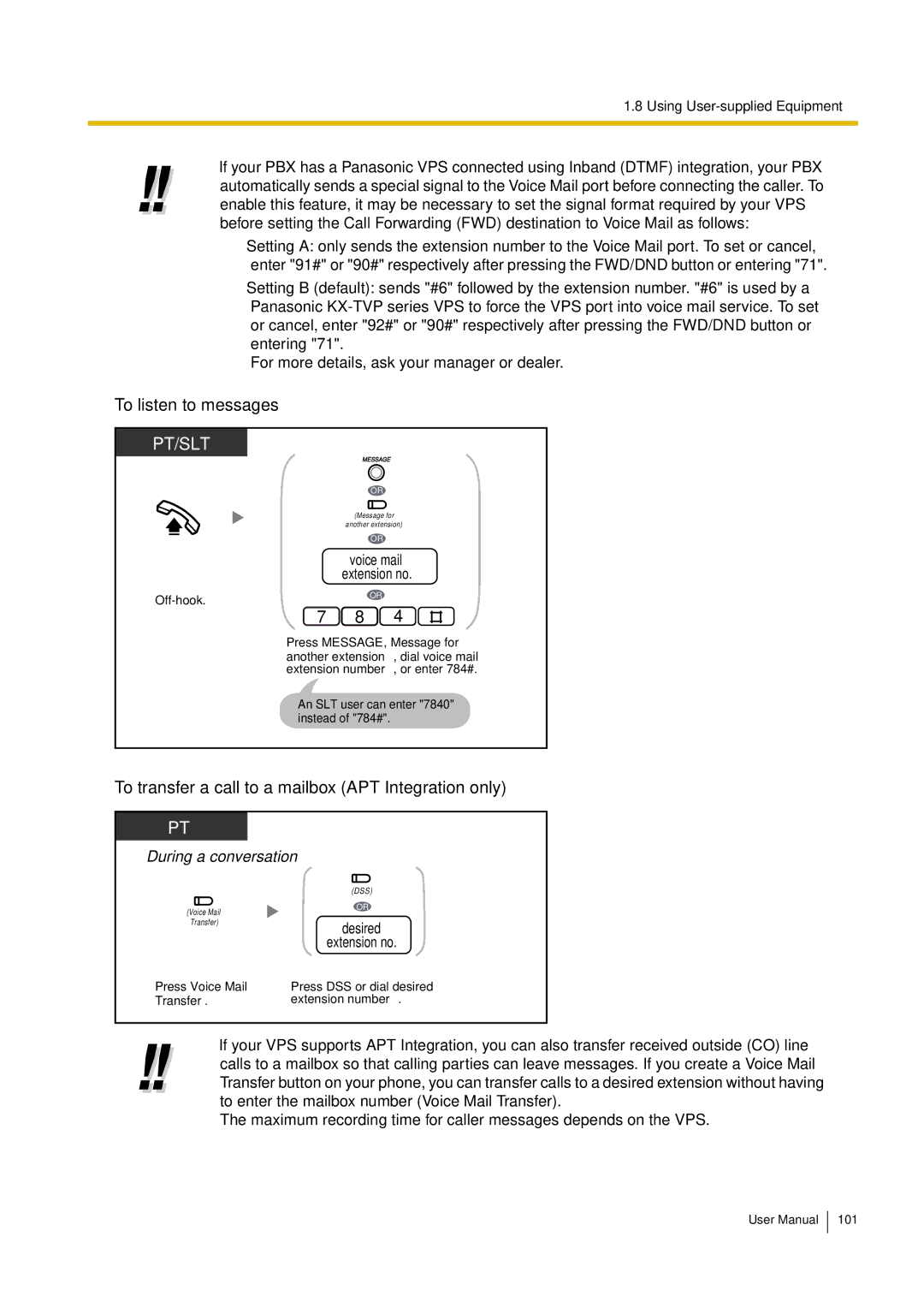 Philips KX-TEA308 user manual To listen to messages, To transfer a call to a mailbox APT Integration only 