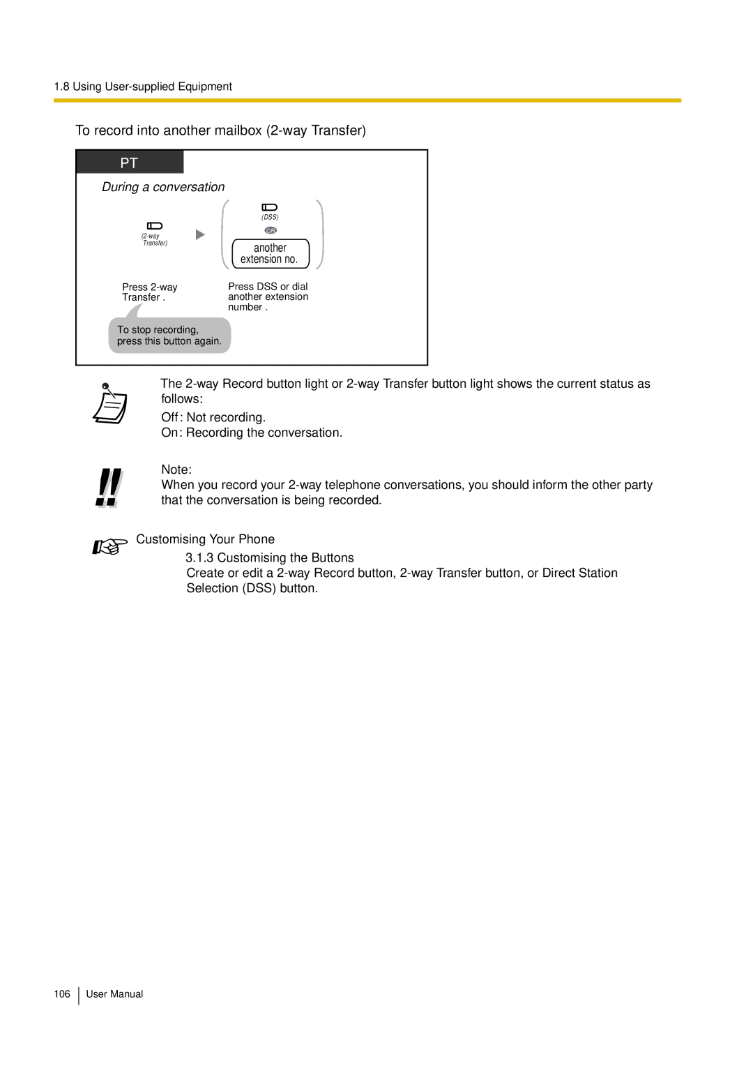 Philips KX-TEA308 user manual To record into another mailbox 2-way Transfer 