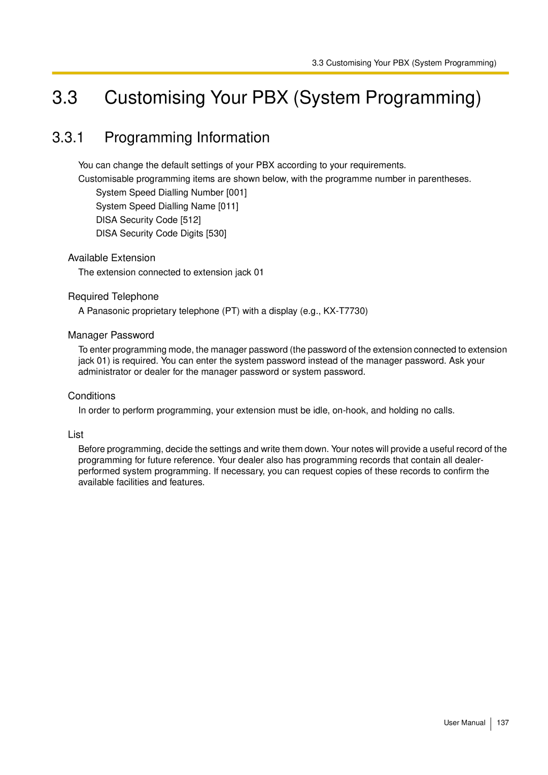 Philips KX-TEA308 user manual Customising Your PBX System Programming, Programming Information, List 