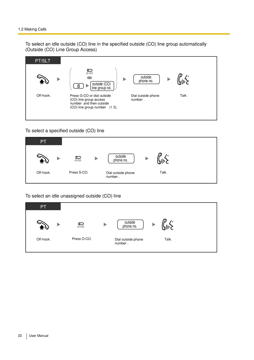 Philips KX-TEA308 user manual To select a specified outside CO line, To select an idle unassigned outside CO line 