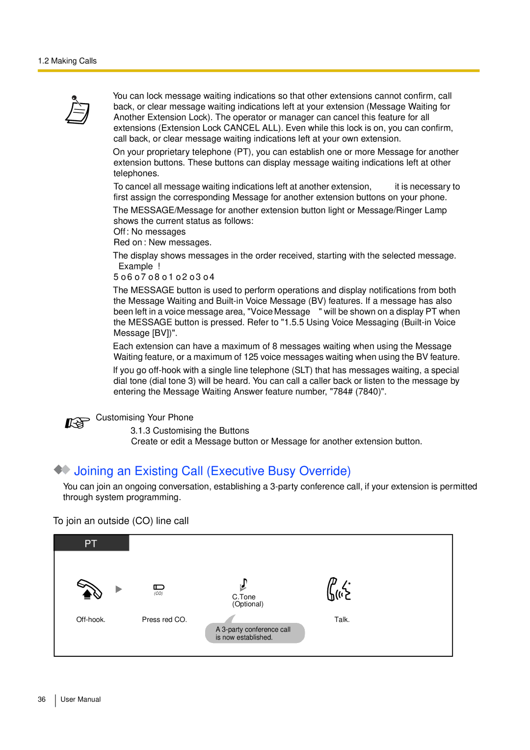 Philips KX-TEA308 user manual Joining an Existing Call Executive Busy Override, To join an outside CO line call 