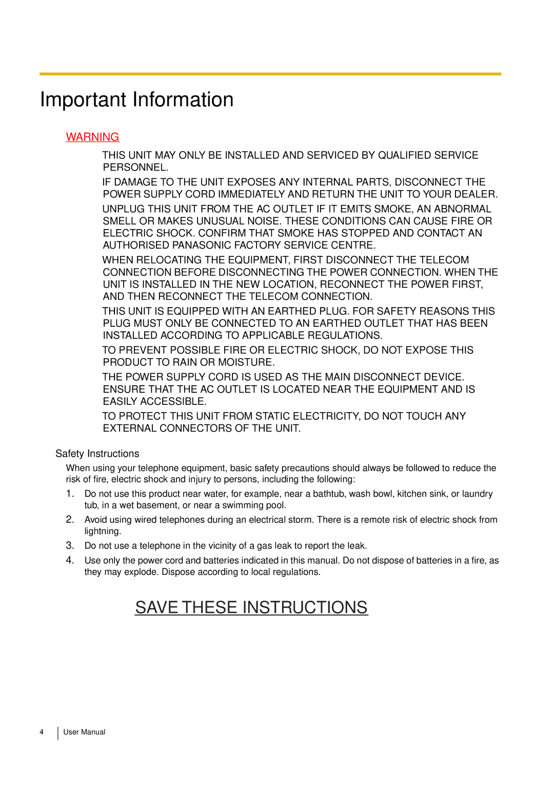 Philips KX-TEA308 user manual Important Information, Safety Instructions 