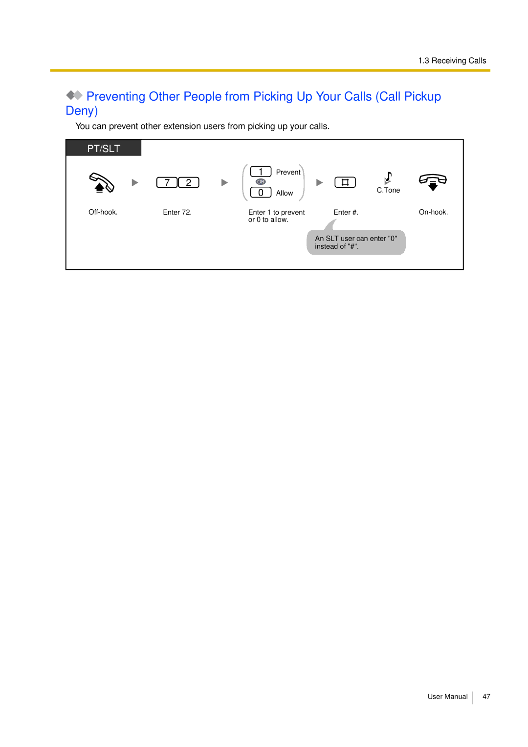 Philips KX-TEA308 user manual Prevent Allow Tone Off-hook Enter Enter 1 to prevent Enter # 