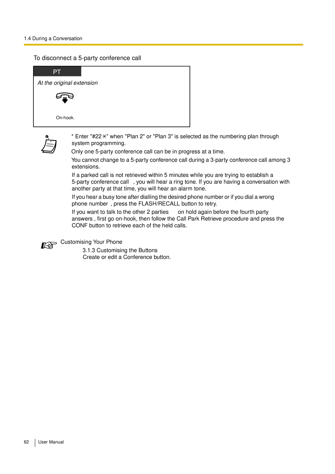 Philips KX-TEA308 user manual To disconnect a 5-party conference call, At the original extension 