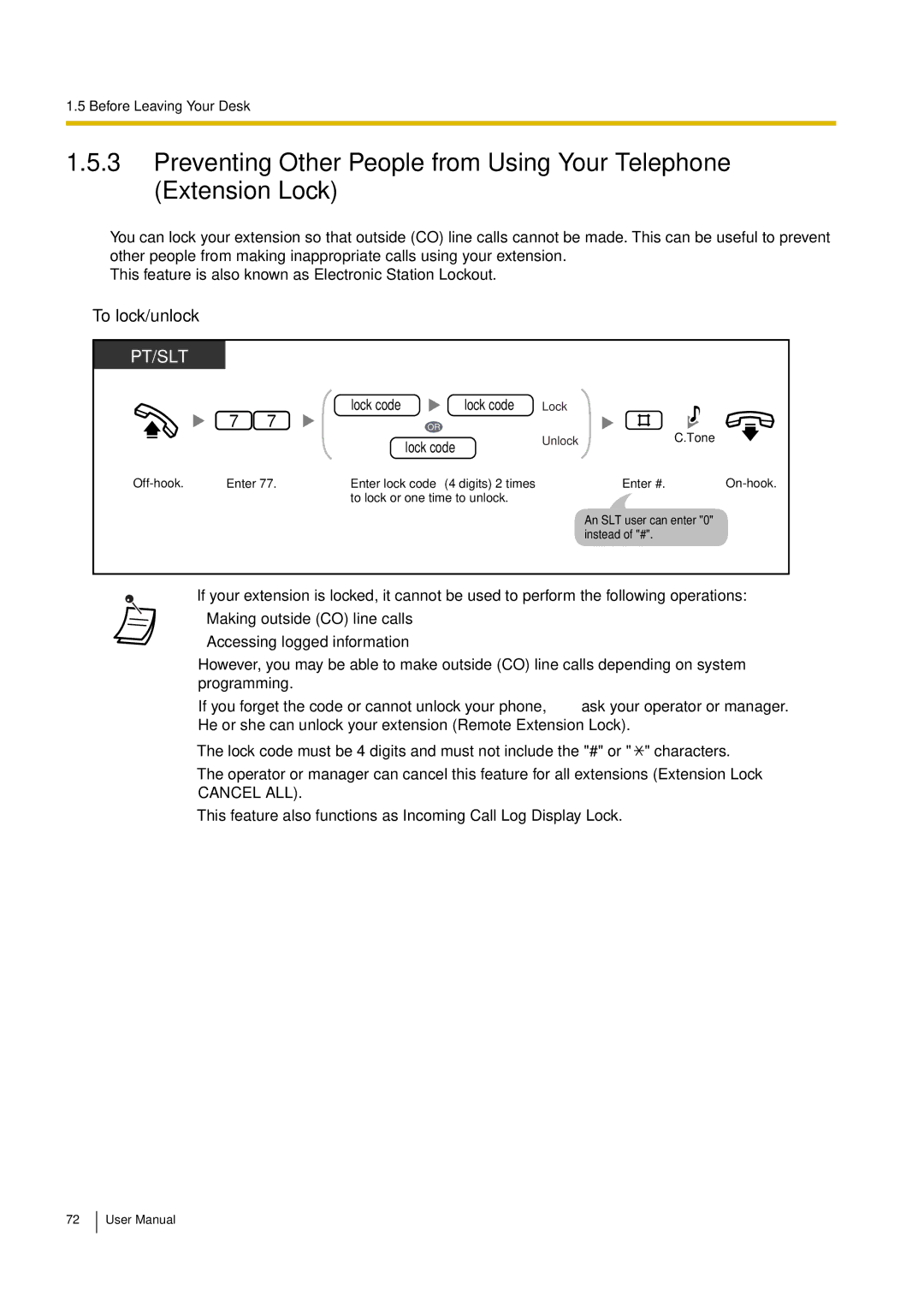 Philips KX-TEA308 user manual To lock/unlock, Lock code 