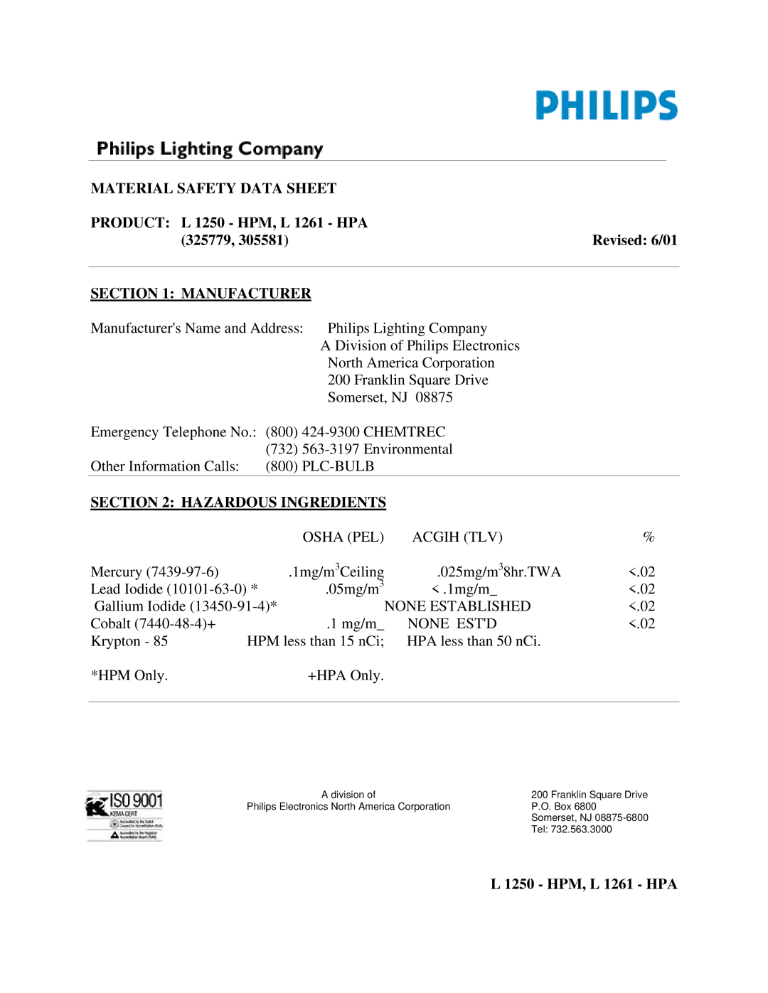 Philips L 1250 - HPM, L 1261 - HPA manual Material Safety Data Sheet, Manufacturer, Hazardous Ingredients 