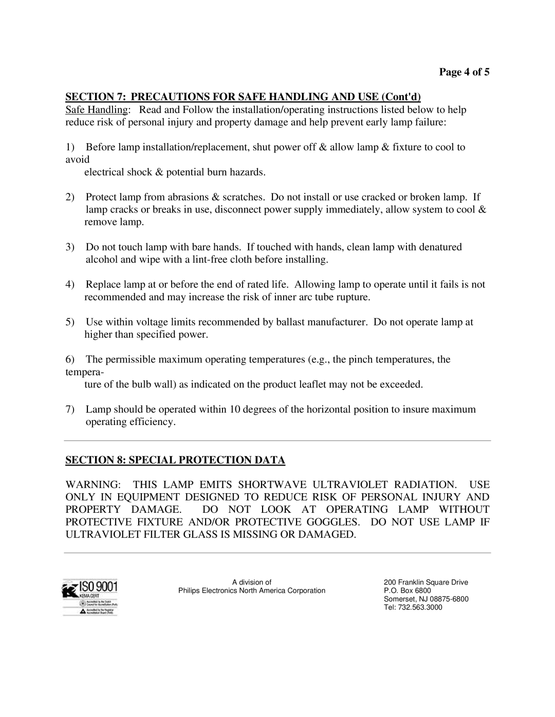 Philips L 1261 - HPA, L 1250 - HPM manual Precautions for Safe Handling and USE Contd, Special Protection Data 