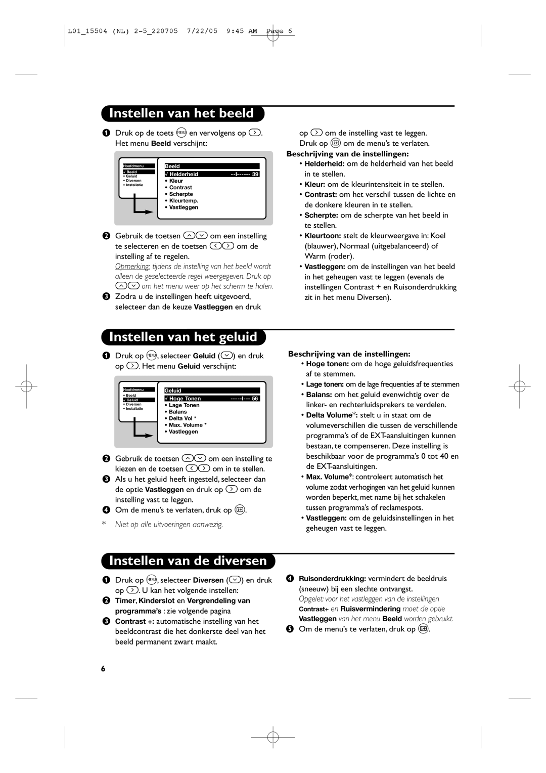 Philips L01_15504 manual Instellen van het beeld, Instellen van het geluid, Instellen van de diversen 